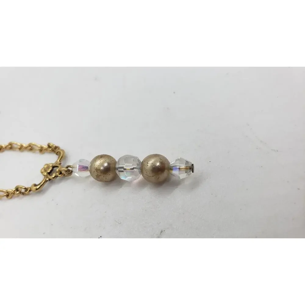 Vintage Gold Tone Chain Necklace Faux Pearl Aurora Borealis Crystal Beads LONG